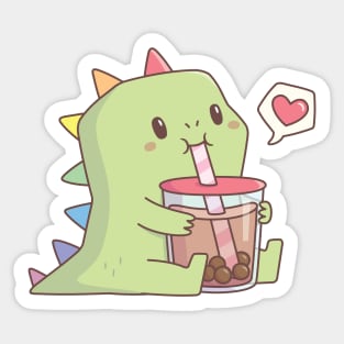 Cute Dinosaur with Rainbow Spikes Loves Bubble Tea Sticker